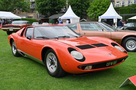 LONDON, ENGLAND - JUNE 04: A 1967 Lamborghini Miura P400 is displayed during the London Concours at the Honourable Artillery Company on June 04, 2024 in London, England. The show is a luxurious automotive garden party hosted right in the heart of the City displaying 80 of the world’s most precious cars with themes of style, craftsmanship, luxury and motoring. (Photo by John Keeble/Getty Images)