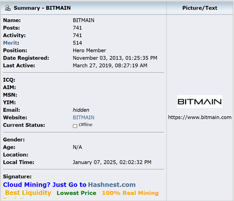 datos del registro de Bitmain como usuario en Bitcointalk.
