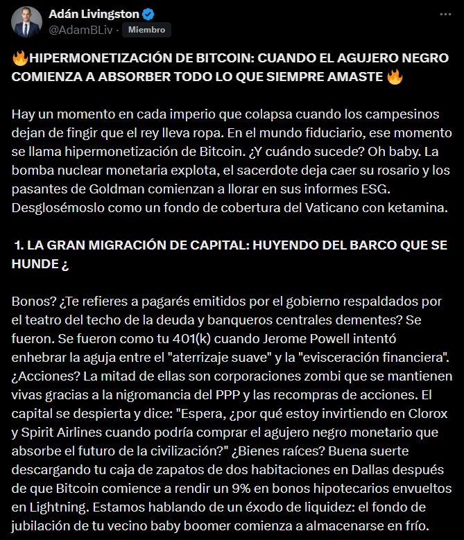 Adam Livingston: «La migración de capital hacia bitcoin ha comenzado, y es irreversible»