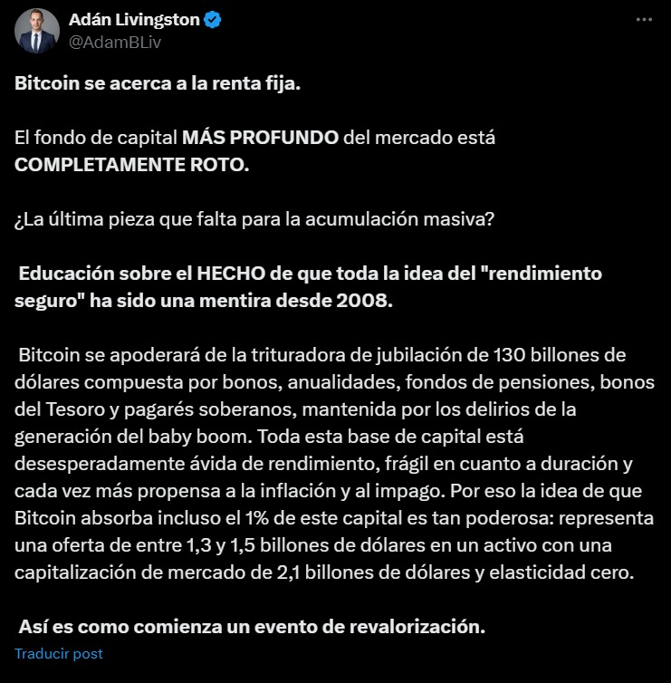 Bitcoin está para absorber billones de dólares del sistema roto de renta fija
