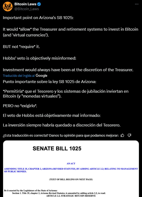 ¿Cómo queda el camino de bitcoin en Arizona con una ley aprobada y dos vetadas?