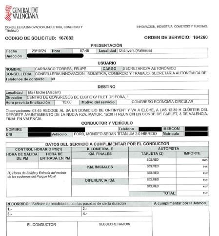 La orden de servicio entregada al PSPV