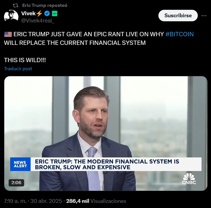 Eric Trump sobre los bancos: van a quedar en el polvo, las criptomonedas reinarán