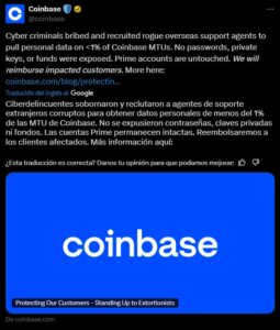 Filtración de datos en Coinbase es investigada por la justicia