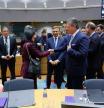 European Commissioner for Trade and Economic Security Maros Sefcovic, center right, speaks with Germany's Minister for Economic Affairs and Energy Katherina Reiche, center left, during a meeting of EU trade ministers at the European Council building in Brussels, Thursday, May 15, 2025. (AP Photo/Omar Havana)