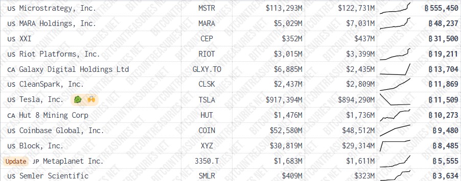 Tabla de las 12 empresas públicas con mayores tenencias de BTC.