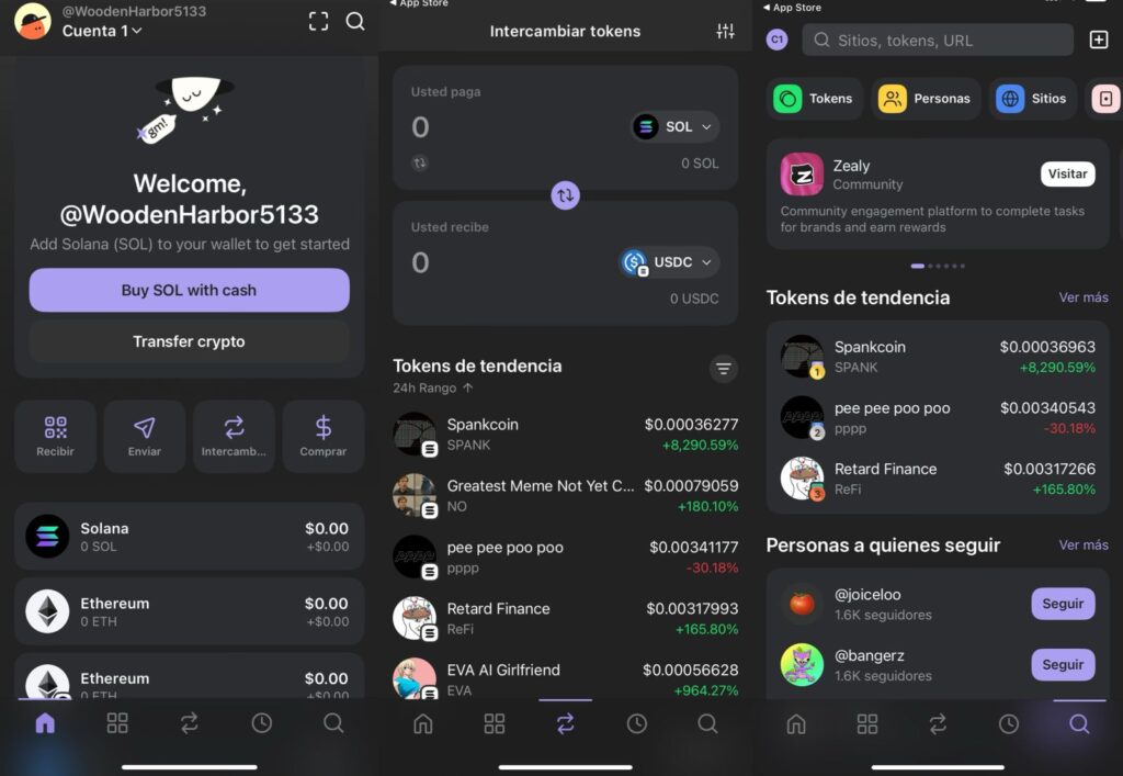 Imagen de la interfaz Phantom wallet Solana