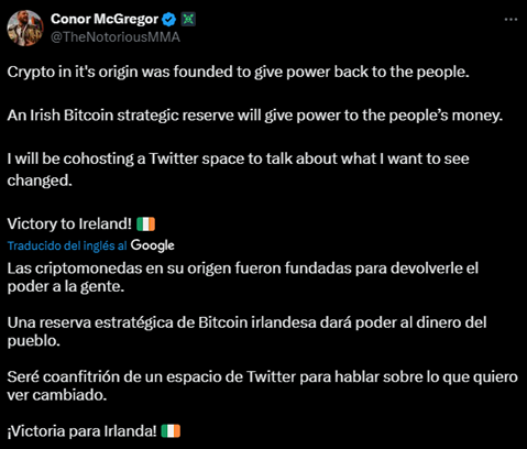 Nayib Bukele discutirá con Connor McGregor una Reserva de Bitcoin en Irlanda