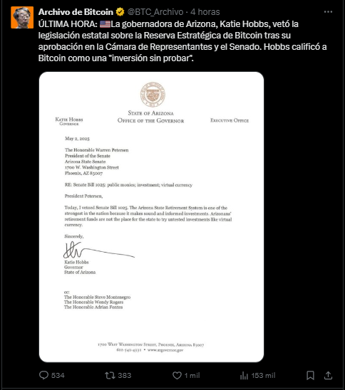 Veto a la ley Bitcoin en Arizona ¿Fin del sueño bitcoiner?