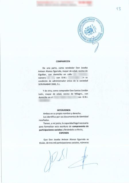 Contrato firmado por Santos Cerdán para adquirir acciones de Servoinabar