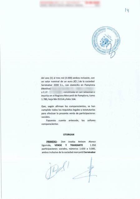 Contrato firmado por Santos Cerdán para adquirir acciones de Servoinabar