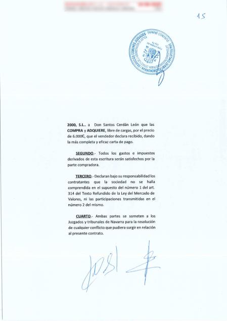 Contrato firmado por Santos Cerdán para adquirir acciones de Servoinabar