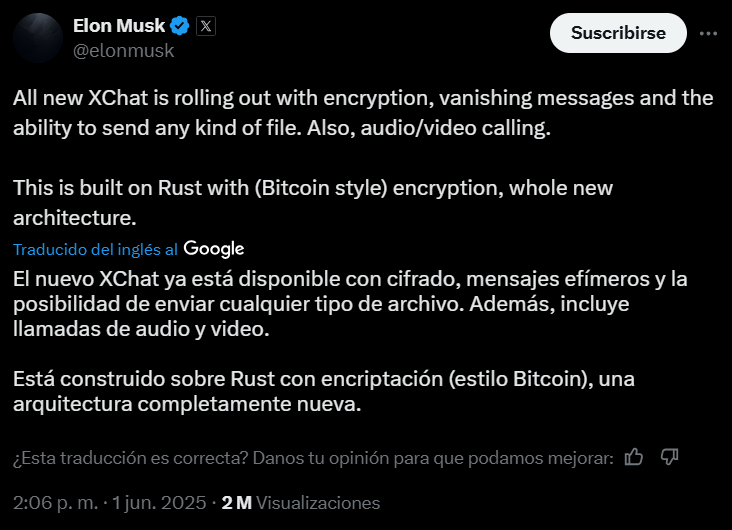 Elon Musk: X tiene un nuevo chat y está encriptado como Bitcoin