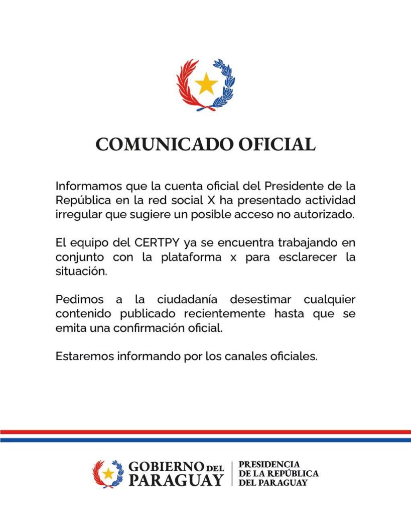 Comunicado de la presidencia paraguaya ante la publicación en X de bitcoin como moneda de curso legal