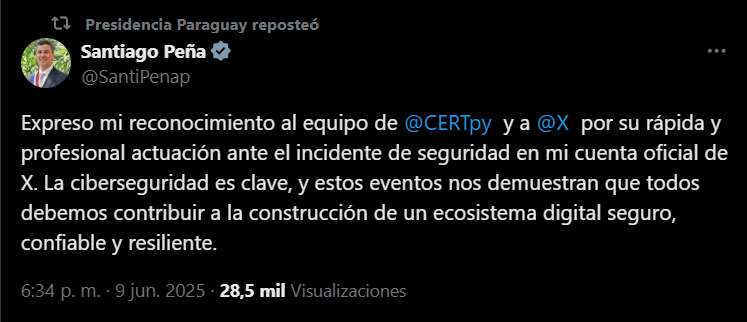 Captura de publicación del presidente Santiago Peña de Paraguay.