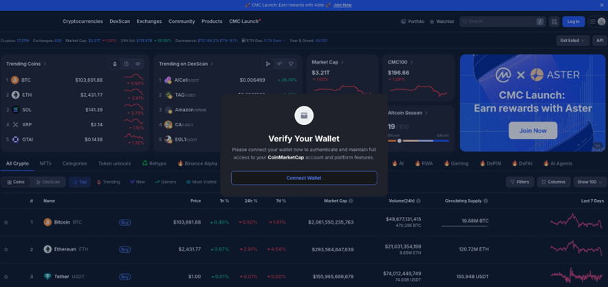 Imagen que muestra la página web de CoinMarketCap junto con el mensaje malicioso que dice “Verify your Wallet” (verifica tu billetera).