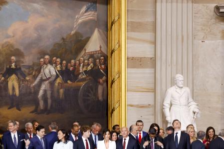 US Senator Marco Rubio (2-L), Priscilla Chan, Meta CEO Mark Zuckerberg, Lauren Sanchez, Jeff Bezos ,Sundar Pichai, and Elon Musk, among other dignitaries, attend Donald Trumpâ#{emoji}128;#{emoji}153;s inauguration as the next President of the United States in the rotunda of the United States Capitol in Washington, DC, USA, 20 January 2025. Trump, who defeated Kamala Harris, is being sworn in today as the 47th president of the United States, though the planned outdoor ceremonies and events have been cancelled due to a forecast of extreme cold temperatures. SHAWN THEW/Pool via REUTERS