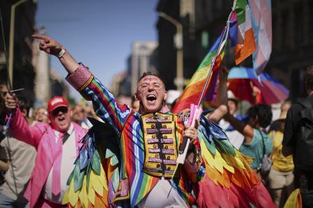 A participant in the Pride march cheers in Budapest, Hungary, Saturday, June 28, 2025.