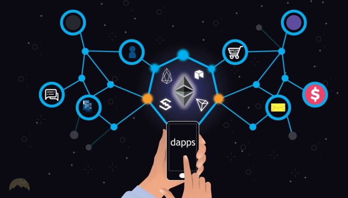 Una mano sosteniendo un telefono con la palabra dApps en pantalla y el pulgar de otra mano tocando la pantalla frente a un diagram en azul con distintos nodos.