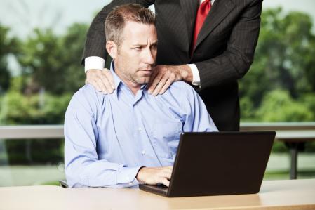 Male boss making unwanted advances towards a male employee. You might also be interested in this: