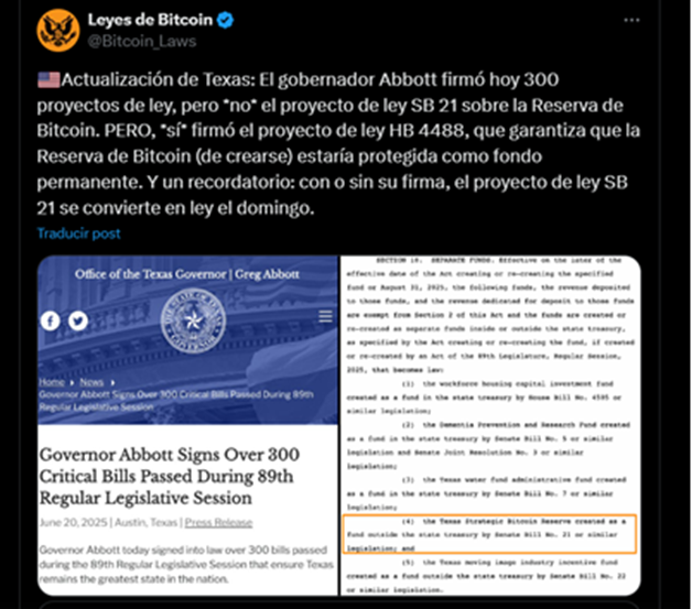 Tweet de la cuenta @Bitcoin_Laws que muestra una actualización del proceso legislativo de Texas en cuanto a las reservas de Bitcoin.