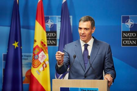 THE HAGUE, NETHERLANDS - JUNE 25: President of Spain Pedro Sanchez speaks to the press during the NATO summit on June 25, 2025 in The Hague, Netherlands. This year's NATO summit, which brings together heads of state and government from across the military alliance, is being held in the Netherlands for the first time. Among other matters, members are to approve a new defense investment plan that raises target for defense spending to 5% of GDP. (Photo by Pierre Crom/Getty Images)