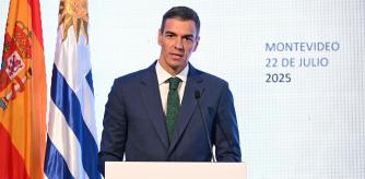 El presidente del Gobierno, Pedro Sánchez, interviene durante un encuentro con empresarios españoles, en el hotel Radisson, a 22 de julio de 2025, en Montevideo (Uruguay).