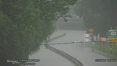 Imagen de una webcam que muestra el desbordamiento del río Bronx.