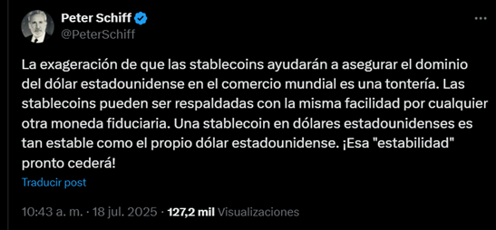 Peter Schiff: “La idea de que las stablecoins promoverán el dominio del dólar es absurda”