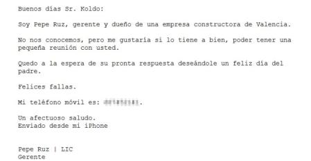 Correo electrónico enviado por José Ruz a Koldo García