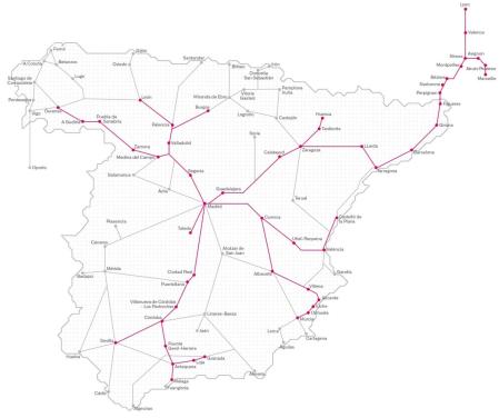 Mapa de líneas AVE y Larga Distancia.
