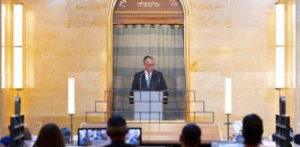 German Chancellor Friedrich Merz takes part in a ceremony to mark the restoration of the Reichenbachstrasse synagogue, in Munich, Germany, Monday Sept. 15, 2025. (Sven Hoppe/dpa via AP)