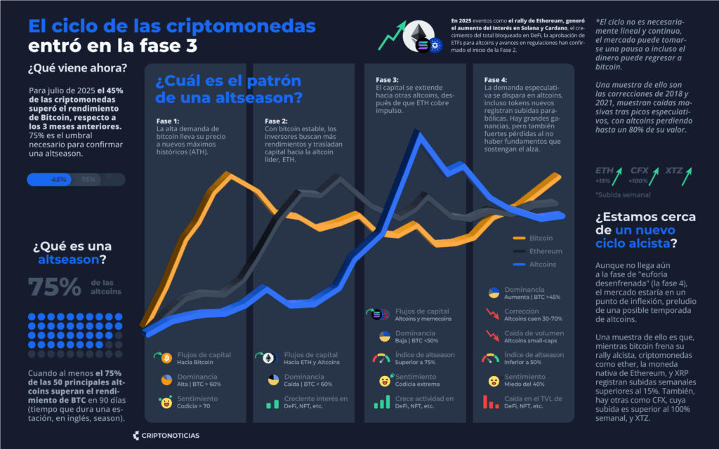 Infografía que refleja los patrones de una altseason en el mercado de criptomonedas.
