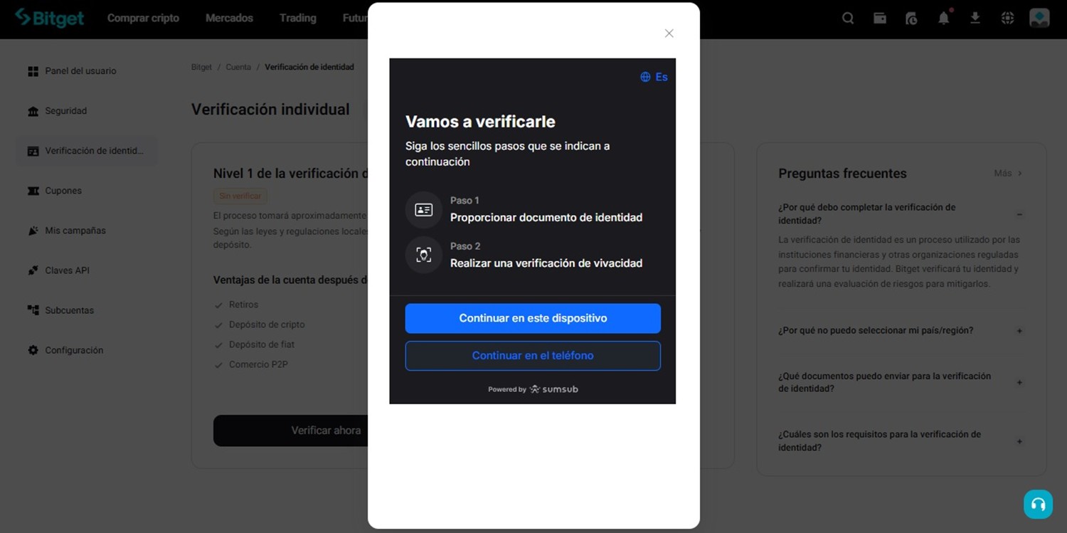 Captura de pantalla de la verificacion KYC de Bitget.