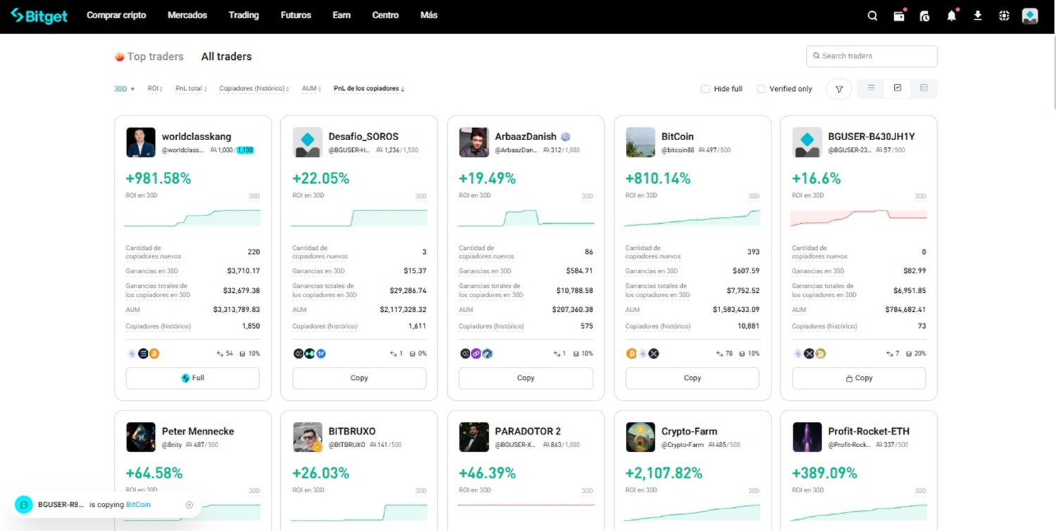 Captura de pantalla de los perfiles de traders a seguir en el copy trading de Bitget.