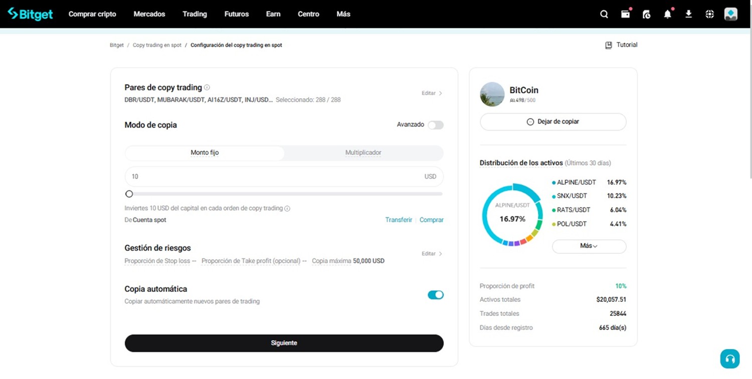 Captura de pantalla de la configuración de copy trading spot de Bitget.