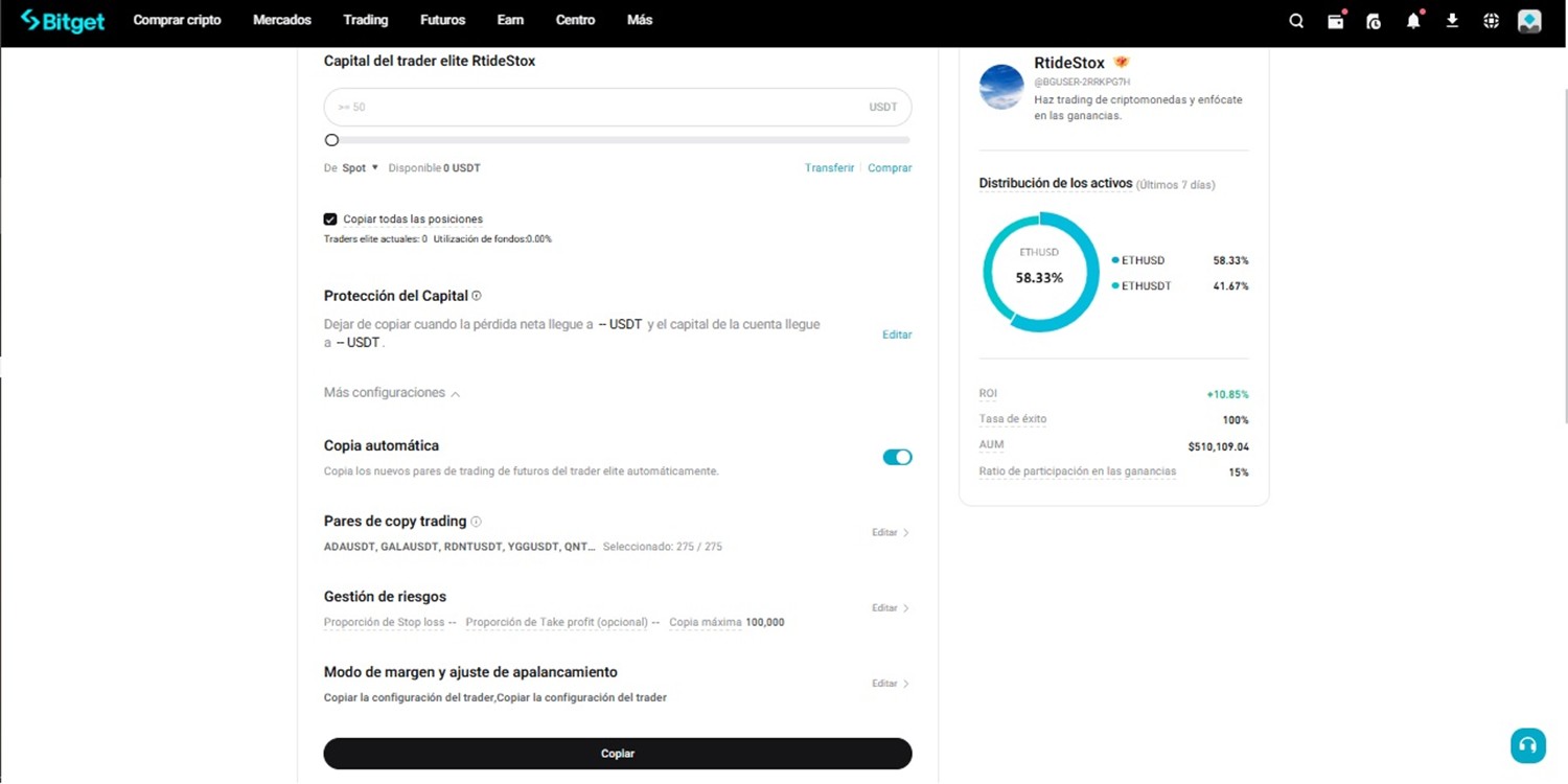 Captura de pantalla de la configuración del copy trading de futuros de Bitget.