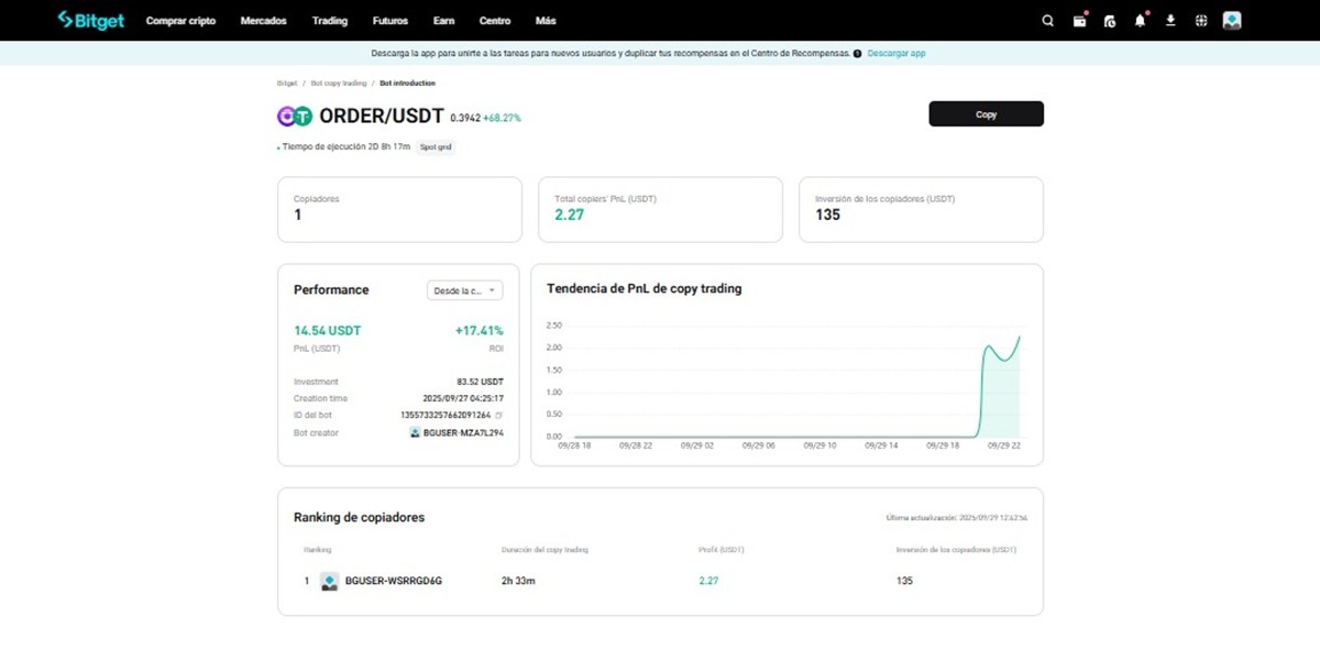 Captura de pantalla del perfil de un bot de copy trading de Bitget.