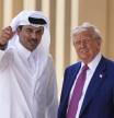 Qatar's Emir Sheikh Tamim bin Hamad Al Thani gestures next to President Donald Trump at Al Udeid Air Base, Thursday, May 15, 2025, in Doha, Qatar. (AP Photo/Alex Brandon)