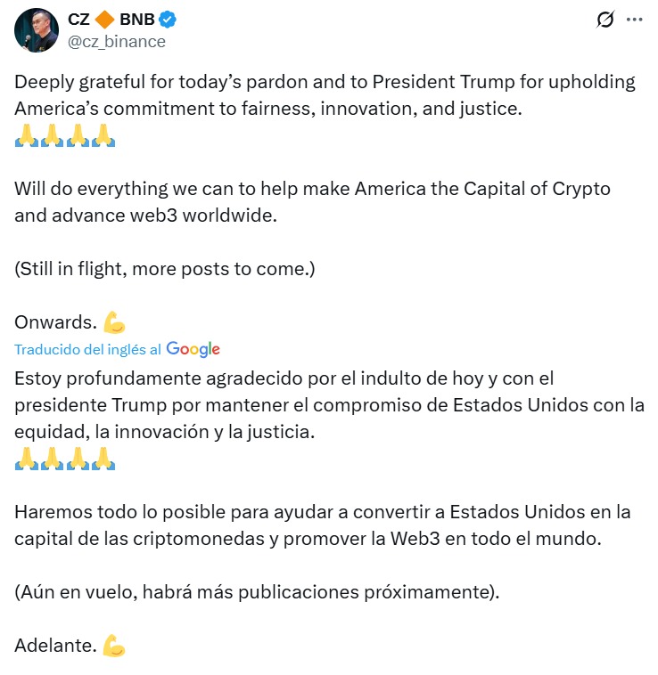 Indulto a CZ de Binance genera reacciones a favor y en contra