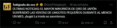 Un mensaje de X sobre la suspensión de ventas minutos de oro en Japón.