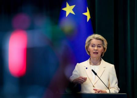 13 October 2025, Albania, Tirana: EU Commission President Ursula Von Der Leyen answer media questions during joint press conference with Albanian Prime Minister Edi Rama (not in picture) on her one day visit in Trana, Albania. Photo: Armando Babani/ZUMA Press Wire/dpa