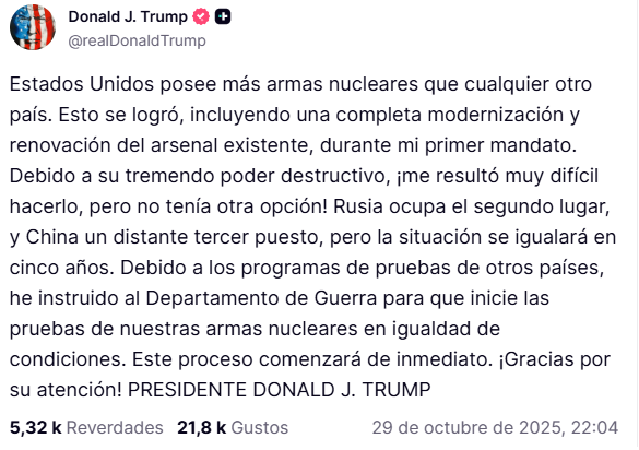 Publicación de Donald Trump en TruthSocial.