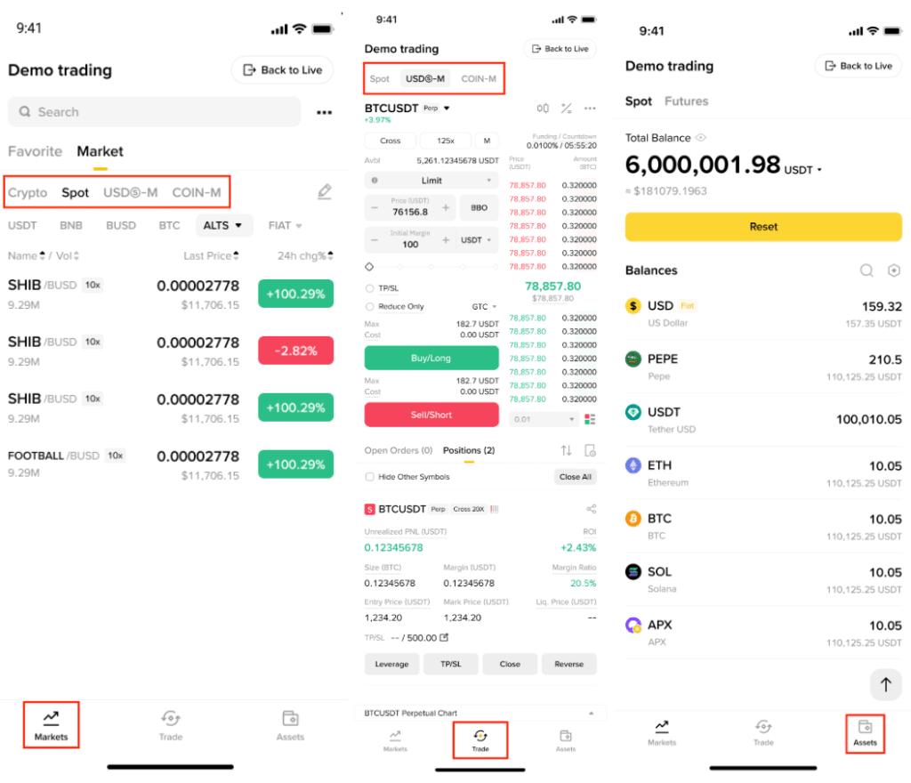 Listado de precios y órdenes de compra en la función Demo Trading de Binance.