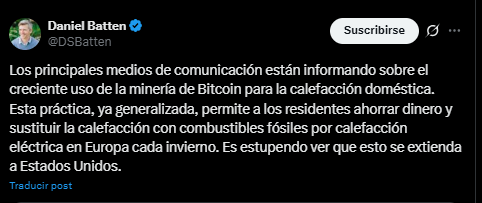 Mensaje en X del analista Daniel Batten sobre la nueva tendencia doméstica en la minería de Bitcoin.