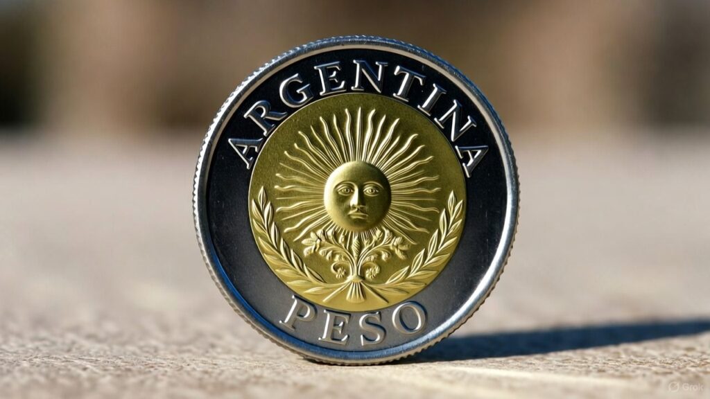 Foto de una moneda del peso argentino.