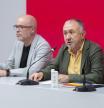 El secretario general de CCOO, Unai Sordo (i) y el secretario general de UGT, Pepe Álvarez (d), durante una rueda de prensa tras una reunión conjunta de las Ejecutivas de ambas organizaciones sindicales, en la sede de CCOO, a 16 de septiembre de 2025, en Madrid (España). Durante la comparecencia, han habado de las 50 movilizaciones en diversas ciudades del país que tendrán lugar mañana por la reducción de la jornada laboral a 37,5 horas semanales.