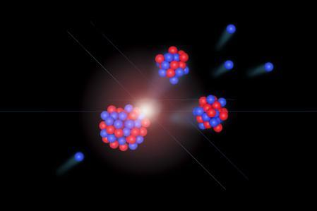 Neutron hitting an atomic nucleus, causing it to divide into two new nuclei and ejecting neutrons. 3d illustration.