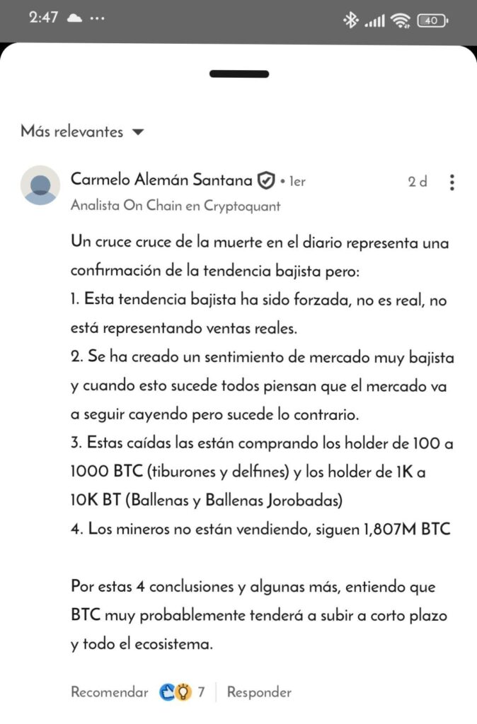 Post de Carmelo Alemán sobre la cruz de la muerte en bitcoin