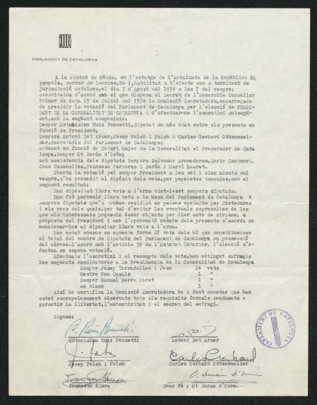 Acta de la elección como presidente de la Generalitat de Josep Tarradellas